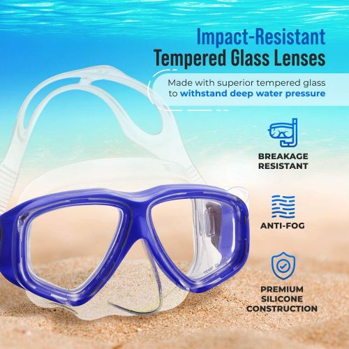  PRODIVE Premium Dry Top Snorkel Set - Impact Resistant Tempered Glass Diving Mask,Watertight and Anti-Fog Lens for Best Vision, Easy Adjustable Strap, Waterproof Gear Bag Included