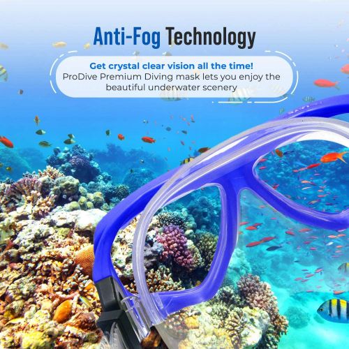  PRODIVE Premium Dry Top Snorkel Set - Impact Resistant Tempered Glass Diving Mask,Watertight and Anti-Fog Lens for Best Vision, Easy Adjustable Strap, Waterproof Gear Bag Included