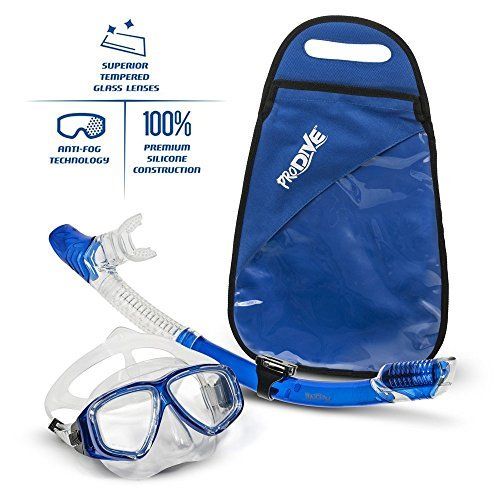  PRODIVE Premium Dry Top Snorkel Set - Impact Resistant Tempered Glass Diving Mask, Watertight and Anti-Fog Lens for Best Vision, Easy Adjustable Strap, Waterproof Gear Bag Included