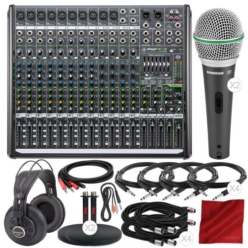  Photo Savings Mackie PROFX16V2 16-Channel Compact Mixer with Built-In Effects and Platinum Studio Accessory Bundle with 2 X Samson Dynamic Microphone + Studio Headphones + Cables + Much More