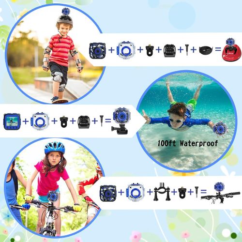  [Upgraded] PROGRACE Kids Waterproof Camera Action Video Digital Camera 1080 HD Camcorder for Boys Toys Gifts Build-in Game(Blue)