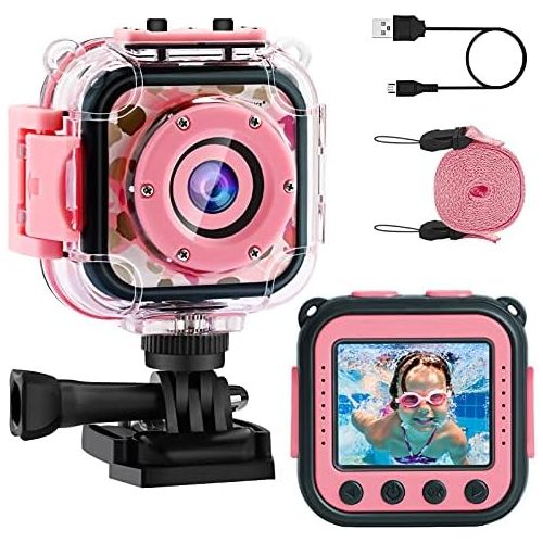  [아마존베스트][Upgraded] PROGRACE Kids Waterproof Camera Action Video Digital Camera for Kids 1080 HD Children Toddler Camera for Girls Toys Gifts Build-in Game(Pink)