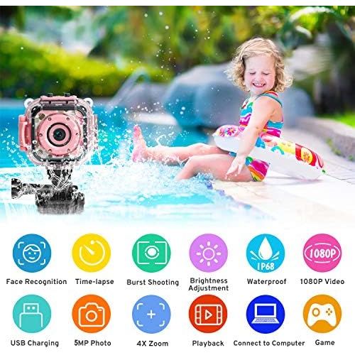  [아마존베스트][Upgraded] PROGRACE Kids Waterproof Camera Action Video Digital Camera for Kids 1080 HD Children Toddler Camera for Girls Toys Gifts Build-in Game(Pink)