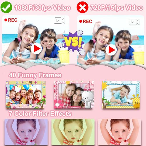  [아마존베스트][Upgraded] PROGRACE Kids Waterproof Camera Action Video Digital Camera for Kids 1080 HD Children Toddler Camera for Girls Toys Gifts Build-in Game(Pink)