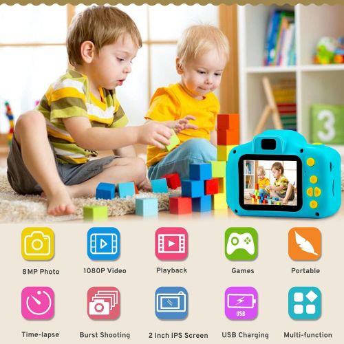  [아마존베스트]PROGRACE Kids Camera Digital Video Cameras for Kids Boys Birthday Toy Gifts Toddler Video Recorder Children Camera 2 Inch IPS with SD Card-Blue