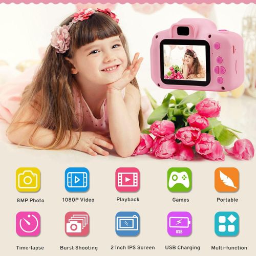  [아마존베스트]PROGRACE Kids Camera Digital Video Cameras for Kids Boys Birthday Toy Gifts Toddler Video Recorder Children Camera 2 Inch IPS with SD Card-Pink