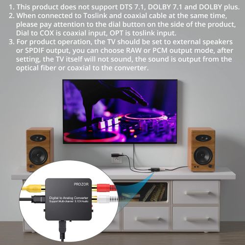  [아마존베스트]PROZOR Digital to Analog Audio Converter Support Dolby/DTS Decoder, Optical Out to RCA DAC Decoder, Optical to 3.5mm Converter, Optical/SPDIF/Toslink/Coaxial/DTS/PCM/5.1CH to 2CH A