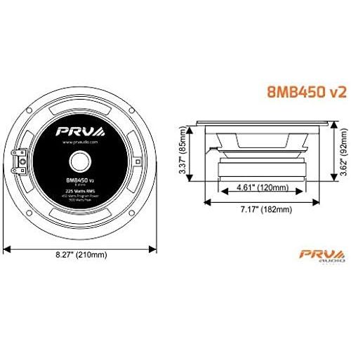  [아마존베스트]PRV AUDIO 8MB450 v2 8 Mid Bass 8 ohms Pro Audio Speaker 93.5dB 225Watts RMS 2 VC (Single)