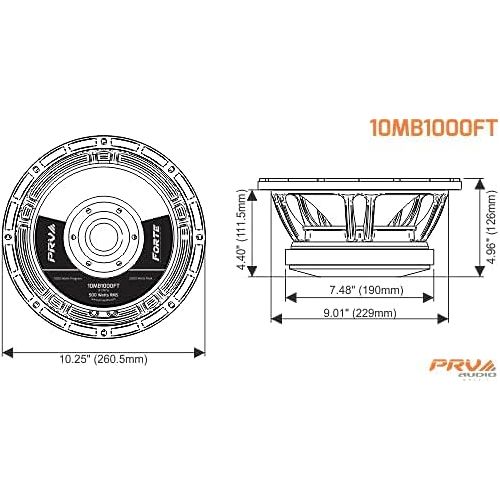  PRV AUDIO 10MB1000FT 10 Inch Midbass Speaker for Pro Custom Sound Systems, 500 Watts RMS, 1000 Watts Program Power, 8 Ohm Loudspeaker, 97.5 dB Mid Bass Speakers (Single)