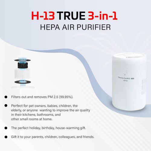  PS KOREA TWIN CARE MINI Air Purifier, Desktop Air Filter Cleaner with 3-in-1 True HEPA Filter for Home Bedroom Office, Table Air purifiers, Dual Motor, Twin Fan, Three Mode, USB Connectors