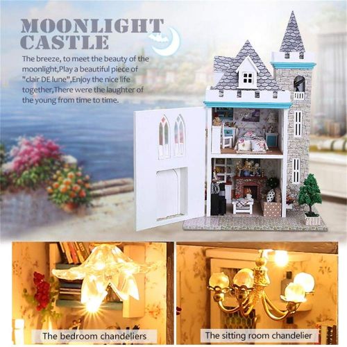  PSFS 3D Wooden DIY Miniature Dollhouse Kit with Light-Wooden Mini House Set, Furniture LED House Puzzle Decorate Creative Gifts-Best Birthday for Boys and Girls (E)
