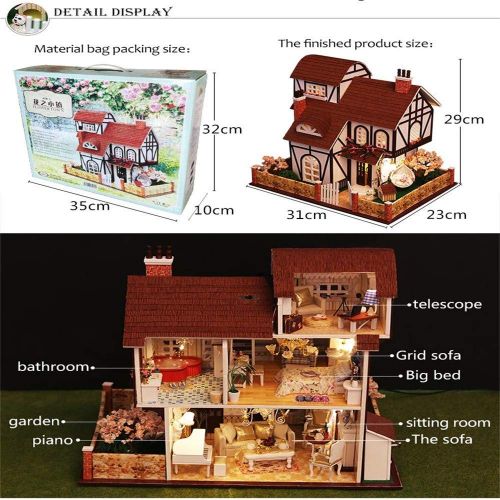  PSFS 3D Wooden DIY Miniature Dollhouse Kit with Light-Wooden Mini House Set, Furniture LED House Puzzle Decorate Creative Gifts-Best Birthday for Boys and Girls (E)