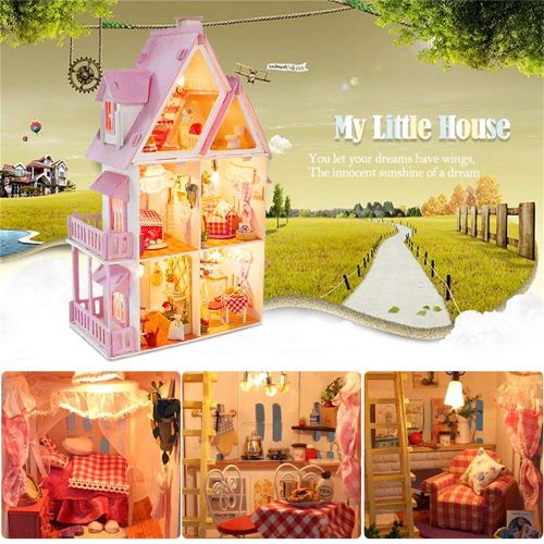  PSFS 3D Wooden DIY Miniature Dollhouse Kit with Light-Wooden Mini House Set, Furniture LED House Puzzle Decorate Creative Gifts-Best Birthday for Boys and Girls (As Shown)