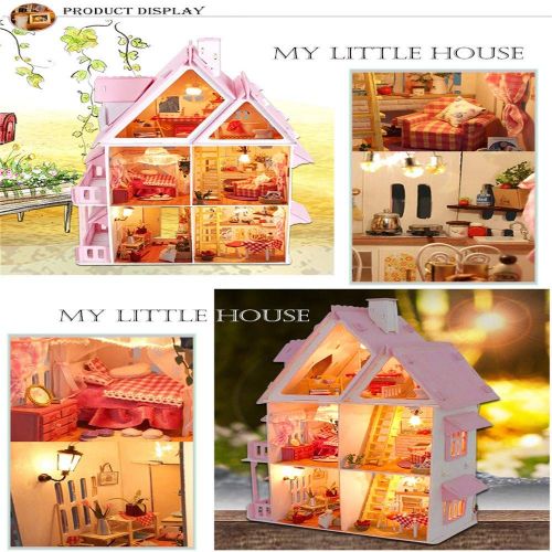  PSFS 3D Wooden DIY Miniature Dollhouse Kit with Light-Wooden Mini House Set, Furniture LED House Puzzle Decorate Creative Gifts-Best Birthday for Boys and Girls (As Shown)
