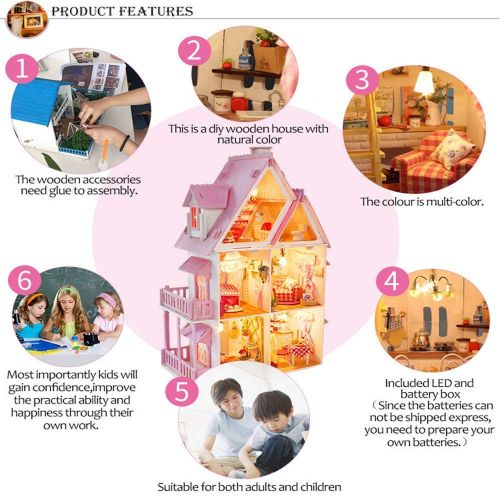  PSFS 3D Wooden DIY Miniature Dollhouse Kit with Light-Wooden Mini House Set, Furniture LED House Puzzle Decorate Creative Gifts-Best Birthday for Boys and Girls (As Shown)