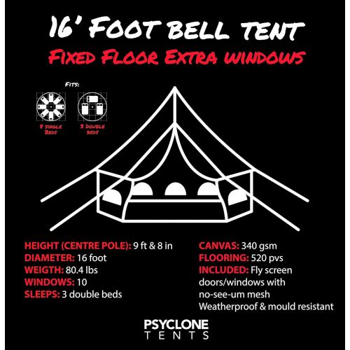  Psyclone Tents Fixed Floor 10 Windows 5m/16.4ft Luxury Outdoor All Weather 8-10 Person Cotton Canvas Yurt Large Bell Tent for Family Camping Glamping Hiking and Festivals