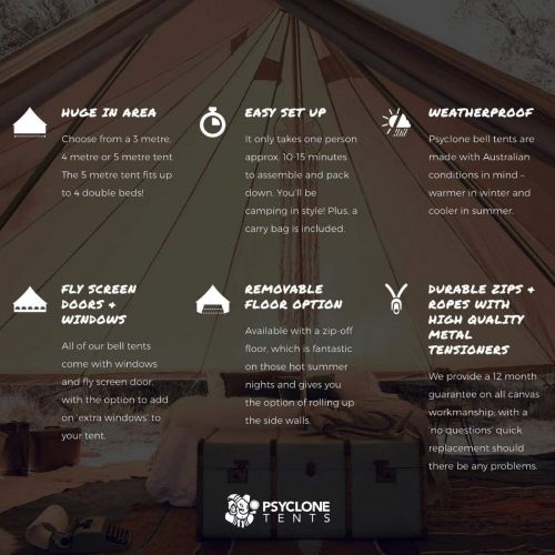  Psyclone Tents Fixed Floor 5m/16.4ft Luxury Outdoor All Weather 8-10 Person Cotton Canvas Yurt Large Bell Tent for Family Camping Glamping Hiking and Festivals