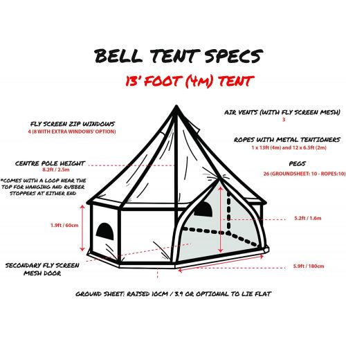  Psyclone Tents Fixed Floor Extra Windows 4m/13.12ft Luxury Outdoor All Weather 6-8 Person Cotton Canvas Yurt Medium Bell Tent for Family Camping Glamping Hiking and Festival