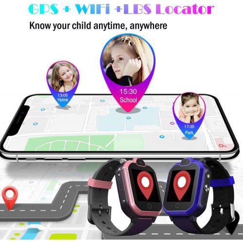  [아마존베스트]PTHTECHUS Childrens GPS Smart Watch, Waterproof Smart Watch, GPS Tracker with Children SOS, Mobile Phone, Touch Screen, Game, Camera, Voice Chat, Alarm Clock, for Boys and Girls, Student Gif