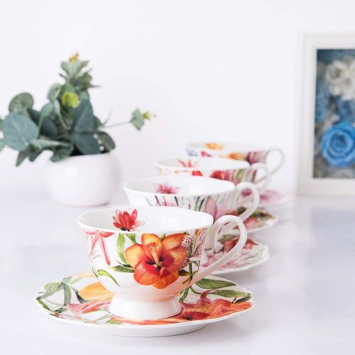  PULCHRITUDIE Eileens Reserve teacup and saucer set, new bone china tea party gift, set of 4 (Modern)