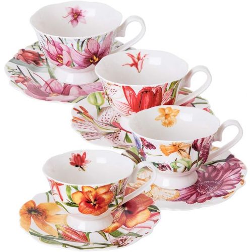  PULCHRITUDIE Eileens Reserve teacup and saucer set, new bone china tea party gift, set of 4 (Modern)