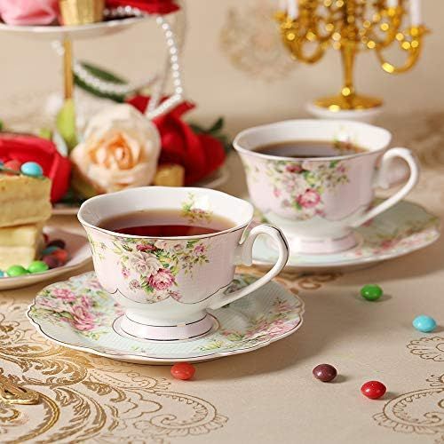  [아마존베스트]Pulchritudie Fine China 4-Piece Tea Cup and Saucer Set, Pink Azalea, Set of Two