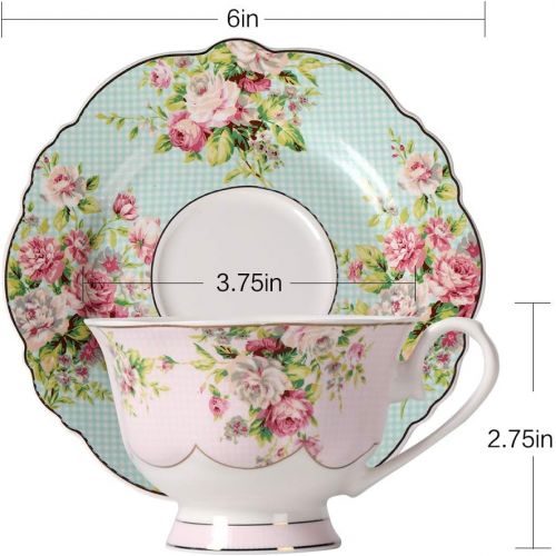  [아마존베스트]Pulchritudie Fine China 4-Piece Tea Cup and Saucer Set, Pink Azalea, Set of Two