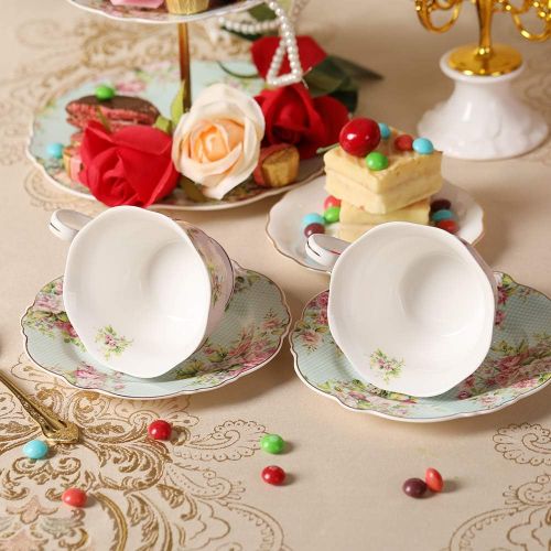  [아마존베스트]Pulchritudie Fine China 4-Piece Tea Cup and Saucer Set, Pink Azalea, Set of Two