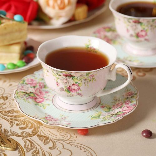  [아마존베스트]Pulchritudie Fine China 4-Piece Tea Cup and Saucer Set, Pink Azalea, Set of Two