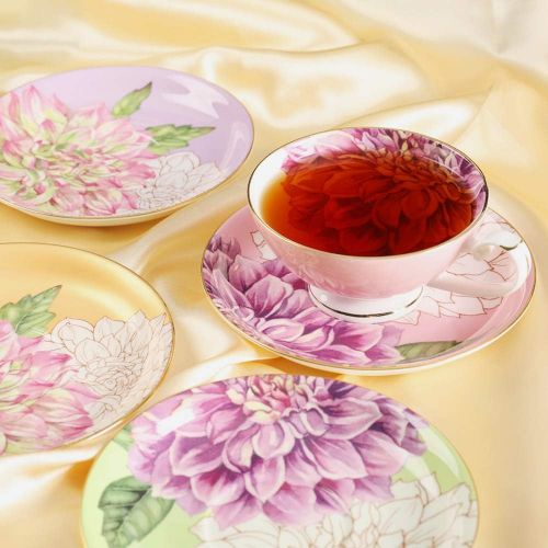  [아마존베스트]Pulchritudie Fine Bone China Teacup and Saucer Set, English Teasets, Floral Design with Golden Rim, Set of Four