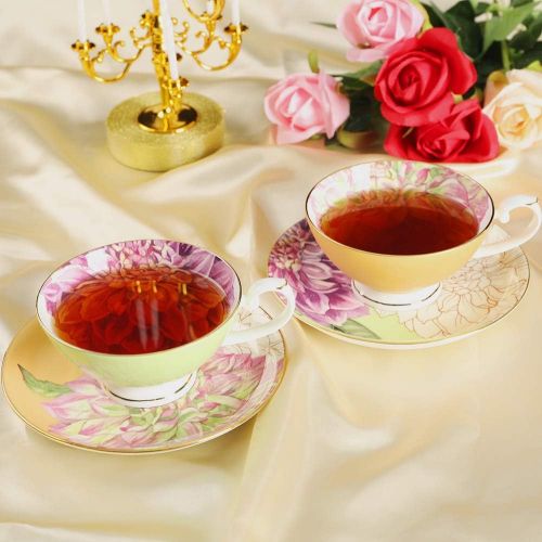  [아마존베스트]Pulchritudie Fine Bone China Teacup and Saucer Set, English Teasets, Floral Design with Golden Rim, Set of Four