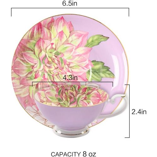  [아마존베스트]Pulchritudie Fine Bone China Teacup and Saucer Set, English Teasets, Floral Design with Golden Rim, Set of Four