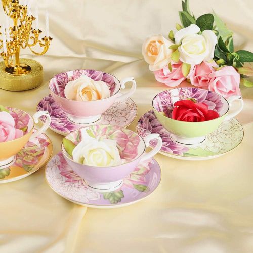  [아마존베스트]Pulchritudie Fine Bone China Teacup and Saucer Set, English Teasets, Floral Design with Golden Rim, Set of Four