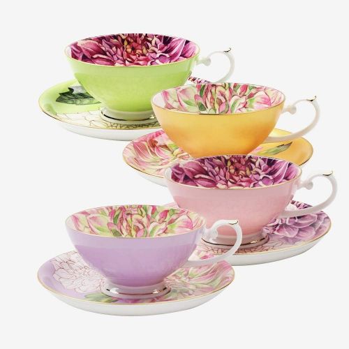  [아마존베스트]Pulchritudie Fine Bone China Teacup and Saucer Set, English Teasets, Floral Design with Golden Rim, Set of Four