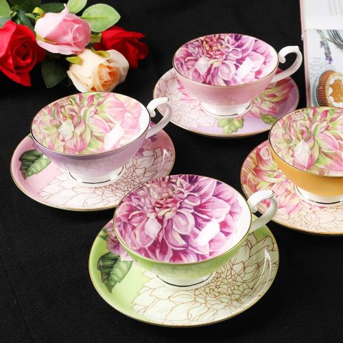  [아마존베스트]Pulchritudie Fine Bone China Teacup and Saucer Set, English Teasets, Floral Design with Golden Rim, Set of Four