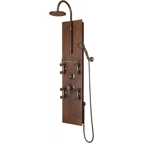  PULSE ShowerSpas 1016 Mojave ShowerSpa Panel with 8 Rain Showerhead, 8 Body Spray Jets, 5-Function Hand Shower, Glass Shelf and Tub Spout, Hand Hammered Copper with Oil Rubbed Bron