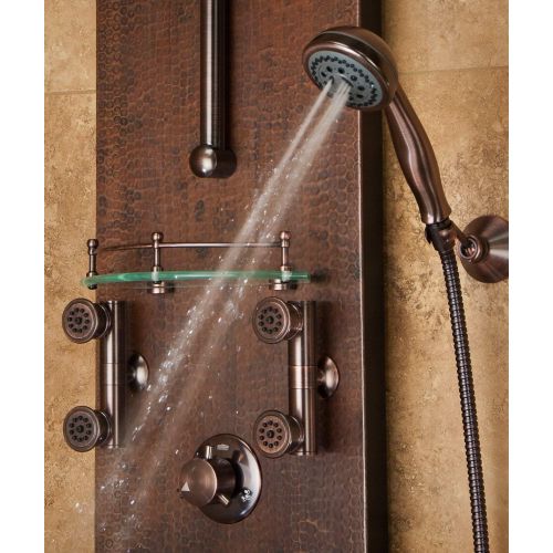  PULSE ShowerSpas 1016 Mojave ShowerSpa Panel with 8 Rain Showerhead, 8 Body Spray Jets, 5-Function Hand Shower, Glass Shelf and Tub Spout, Hand Hammered Copper with Oil Rubbed Bron