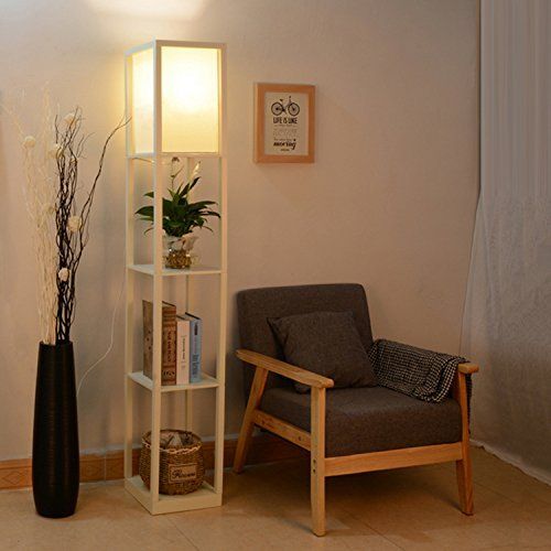  PULUOMIS Shelf Floor Lamp with Linen Shade, UL Listed, Wooden Frame, 63 Inch Height, Switch on/Off, Etagere Organizer Shelf, Black (White)