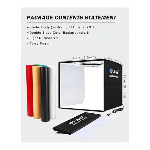  PULUZ Mini Photo Studio Light Box, Photo Shooting Tent kit, Portable Folding Photography Light Tent with CRI >95 96pcs LED Light & 6 Kinds Double-Sided Color Backgrounds for Small Size Products