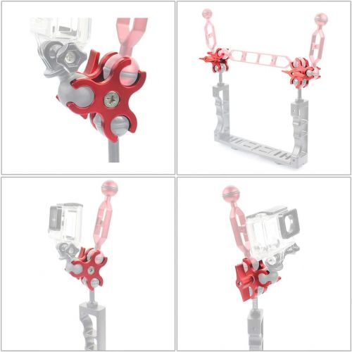  PULUZ Triple Ball Clamp Open Hole CNC Aluminum Spring Flashlight Clamp for Diving Arm Underwater Photography System Diving Tray DJI Osmo Action GoPro LED Light (Red)