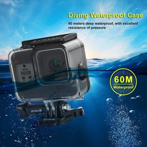  PULUZ 60M Waterproof Dive Housing Case with Soft Button for GoPro Hero 8 Black, Protective Housing Case Suitable for Surfing, Diving, Snorkeling, Skiing, Drifting, Skydiving Cyclin