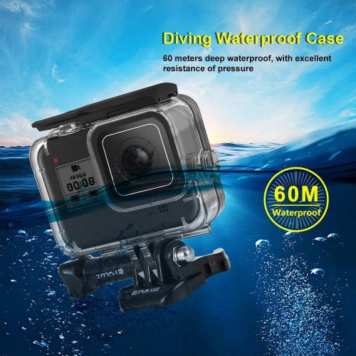  PULUZ 60M/ 196FT Underwater Depth Diving Case Waterproof Camera Housing for GoPro Hero8 Black Underwater Protective Shell for Diving Scuba Snorkel for GoPro Hero8 Action Camera