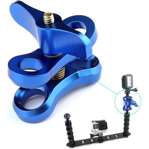  PULUZ 1inch Underwater Ball Clamp 2 Mount Hole Clip Adapter CNC Aluminum Alloy Click for Diving Underwater Arm System Diving Tray DJI Osmo Action GoPro LED Light (Blue)