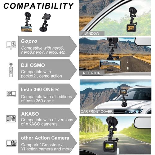  PULUZ Suction Cup Mount for Gopro Car Mount, Adjustable Vehicle Window & Windshield Mount Holder, Compatible with Gopro Hero 10/9/8/7/6/5/4/3+/3/Session/DJI OSMO Action Camera Moun