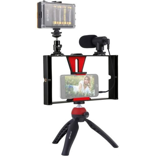  Smartphone Video Rig Kit PULUZ Recording Video Stabilizer Rig Handle Grip with Microphones,Professional Studio Light(3200-6400K),Tripod for Google Pixel Samsung YouTube,Videomaker