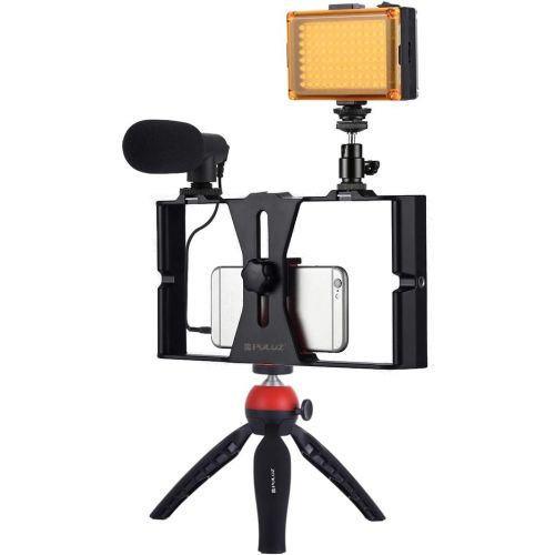  Smartphone Video Rig Kit PULUZ Recording Video Stabilizer Rig Handle Grip with Microphones,Professional Studio Light(3200-6400K),Tripod for Google Pixel Samsung YouTube,Videomaker