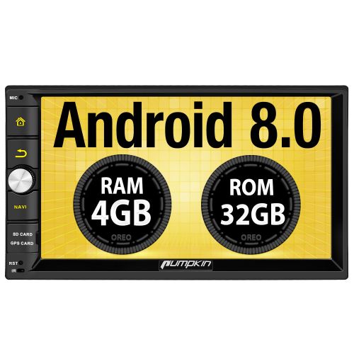  PUMPKIN Android 8.0 Car Stereo Double Din 4GB with GPS and WiFi, Android Auto, Support Fastboot, Backup Camera, USB SD, 7 inch Touch Screen