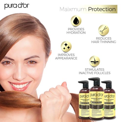  PURA DOR Advanced Therapy Shampoo Reduces Hair Thinning and Increase Volume, Sulfate Free, Infused with Argan Oil, Aloe Vera, & Biotin, for All Hair Types, Men & Women,16 Fl Oz