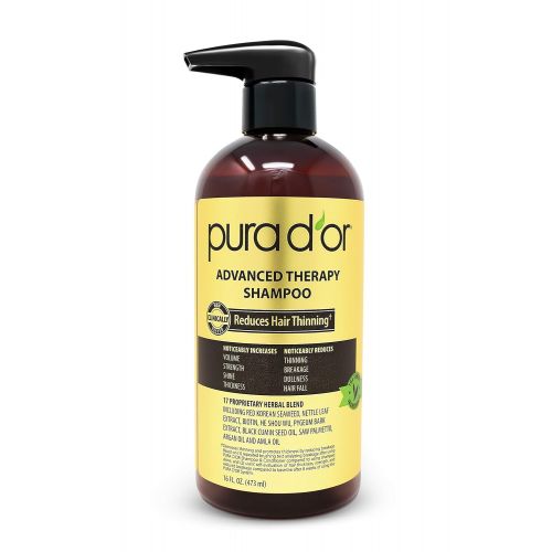  PURA DOR Advanced Therapy Shampoo Reduces Hair Thinning and Increase Volume, Sulfate Free, Infused with Argan Oil, Aloe Vera, & Biotin, for All Hair Types, Men & Women,16 Fl Oz