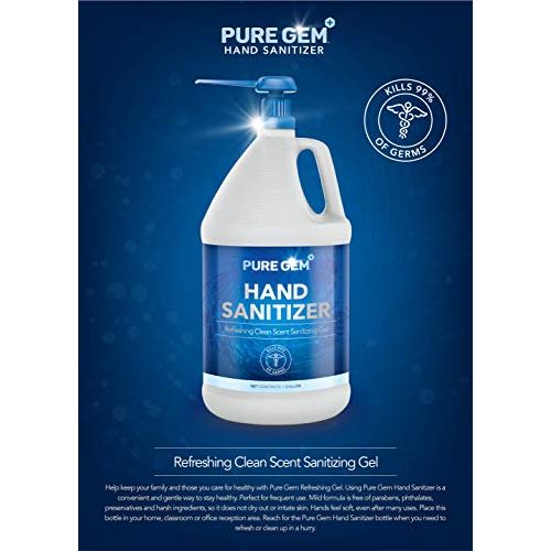  Pure Gem 1 Gallon Hand sanitizer,?70% Alcohol -? Pump Included - 10 Free Masks Included, Made in USA